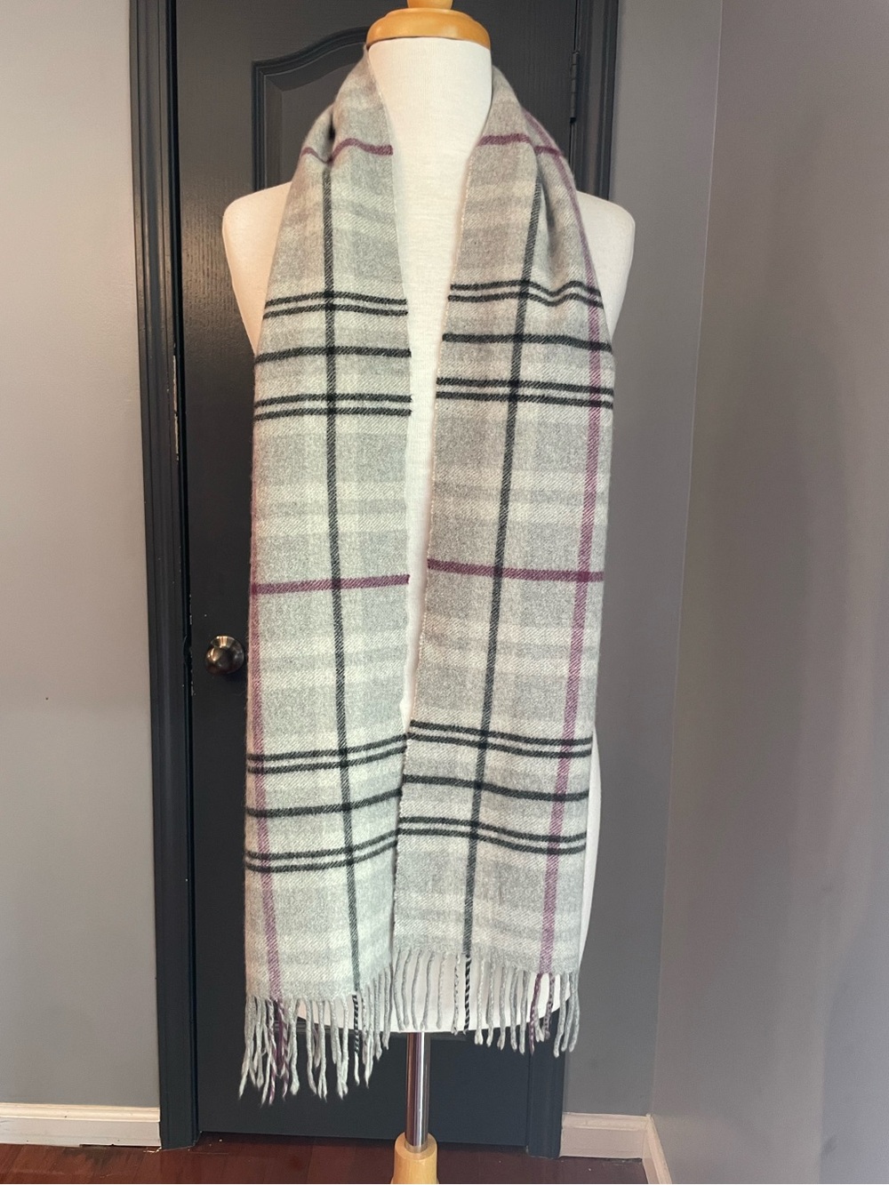 Peck & Peck Cashmere Large Plaid Gray Scarf with Black & Purple Stripes